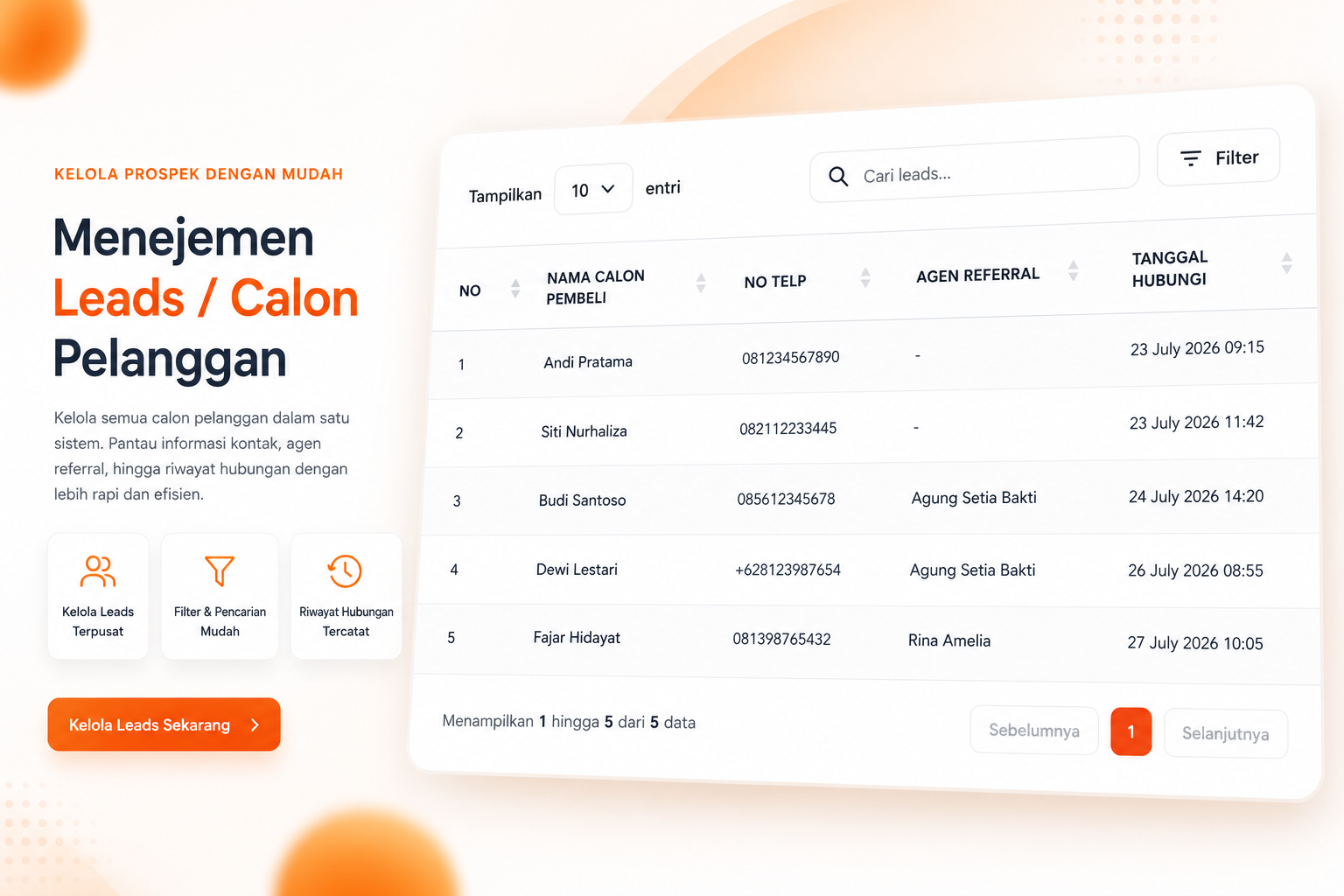 Preview Tampilan Fitur Manajemen Leads / Calon Pelanggan